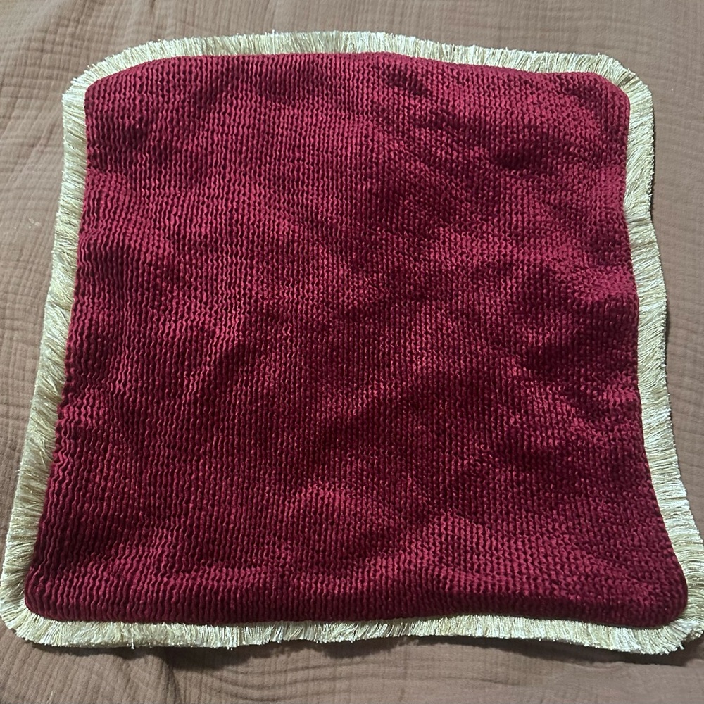 NWT Anthropologie Red Velvet 18” Square Pillow  Cover Raspberry Fringe Textured